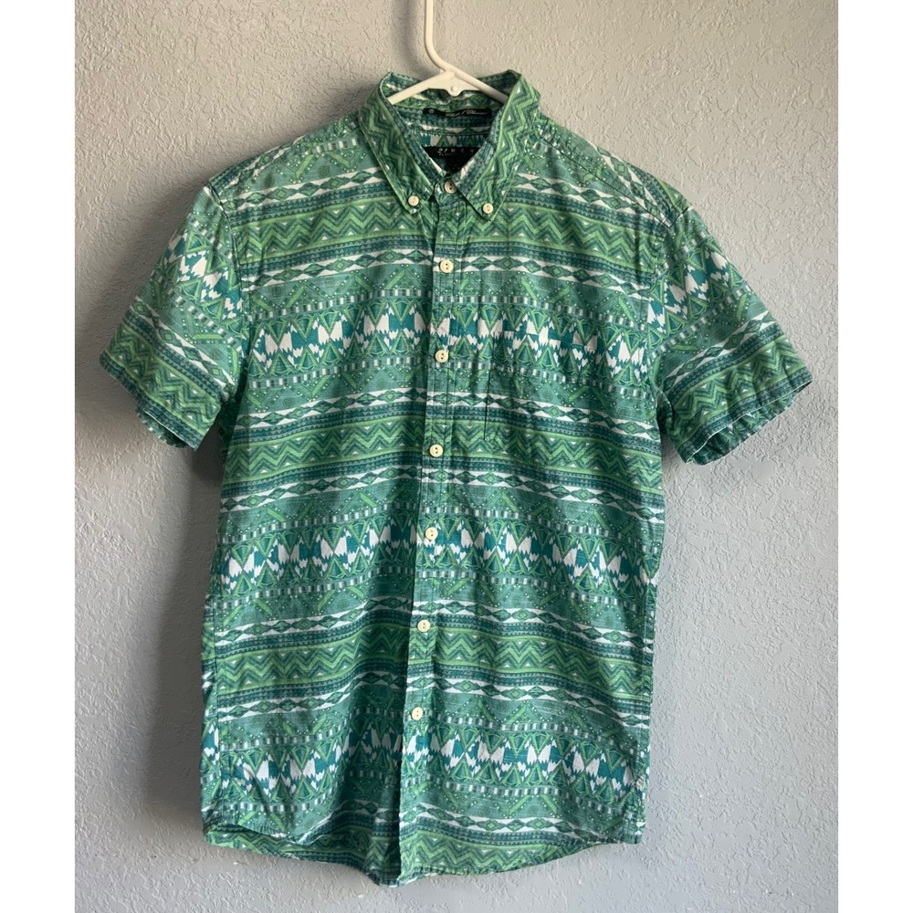 21 Men Green Geometric Tribal Print Short Sleeve Button Down Shirt XS Cotton